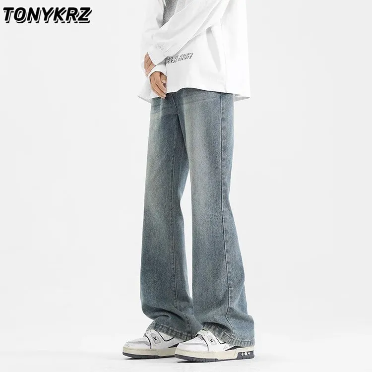 TONYKRZ美式复古蓝牛仔裤男生直筒修身微喇裤子潮牌休闲长裤