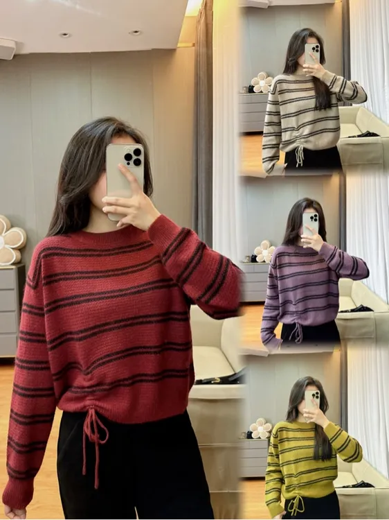 御妍婷1015韩版新年抽绳毛衣显瘦气质女款针织衫百搭弹力长袖上衣