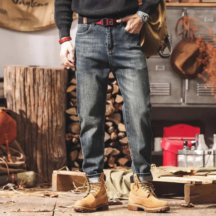 【配腰带】美式复古水洗牛仔裤男秋冬2025新款潮牌直筒男士休闲裤