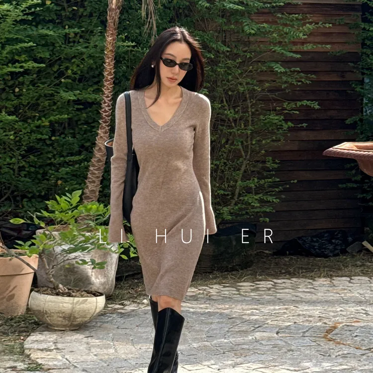 LiHuiEr李慧儿 【私享黄昏】长袖针织裙极简气质V领长裙LL025657