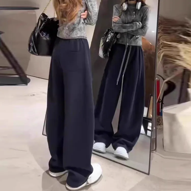 藏青色加绒弯刀裤子女秋冬季2025新款宽松慵懒风弛感加厚休闲卫裤