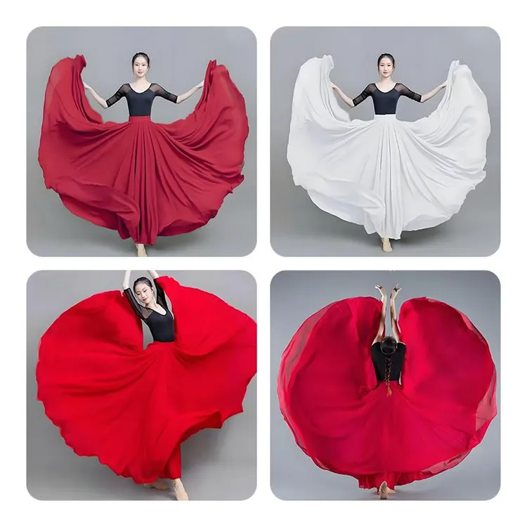 720度双层雪纺大摆裙半身裙红女广场舞现代舞新疆舞中长裙舞蹈服