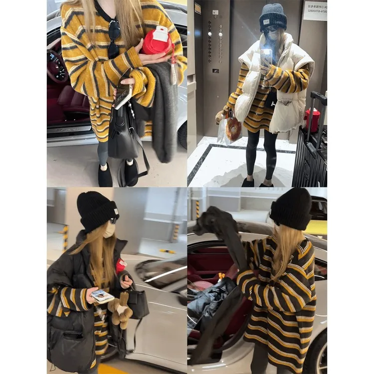 条纹宽松加厚卫衣女秋冬季新款慵懒风中长款遮屁股保暖打底衫上衣