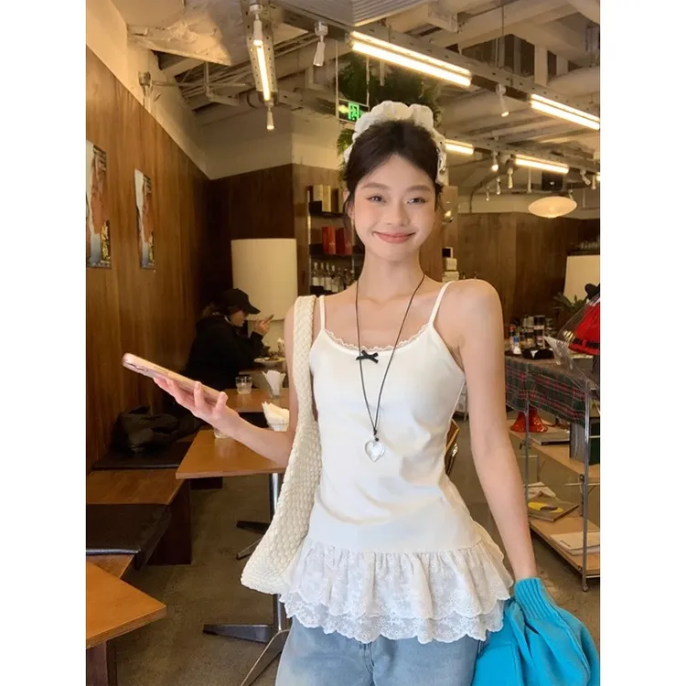 超火白色蝴蝶结吊带背心女春季蕾丝花边下摆修身叠穿内搭小上衣