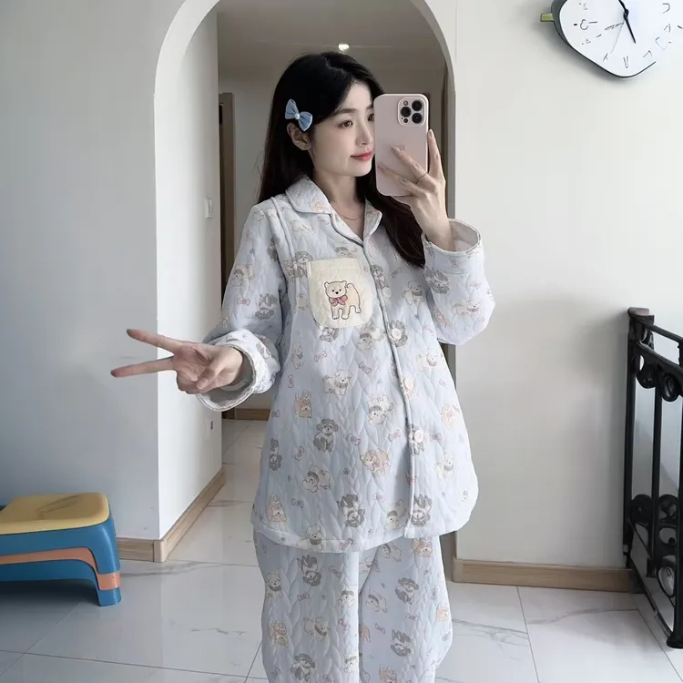 空气棉月子服秋冬小翻领纯棉产后10月哺乳孕妇睡衣加厚产妇家居服