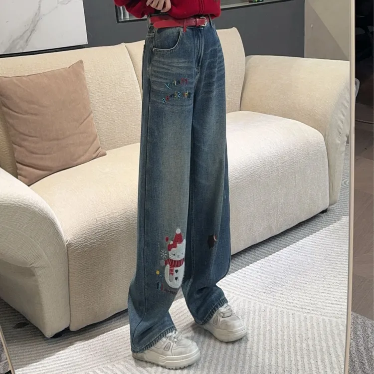 『圣诞雪人』2025冬季新款显瘦设计师加绒直筒牛仔裤L5608