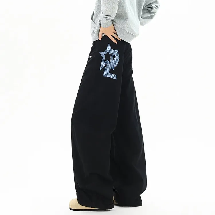 水洗刺绣学院风男无弹秋冬男式休闲裤裤子阔腿裤拖地长裤个性潮牌