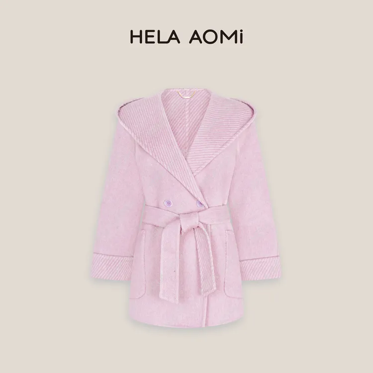 HELA AOMI“芋泥千层”绵羊毛95%骆驼绒连帽一手长大衣CY5DN08109