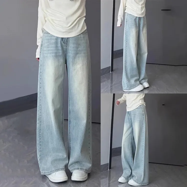 雪千羽浅蓝阔腿牛仔裤女2025夏季新款高腰显瘦宽松垂感直筒拖地裤