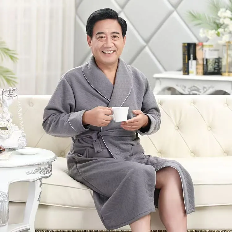 中老年男士睡袍秋冬季空气棉夹层加大码中长款睡袍加厚高档家居服