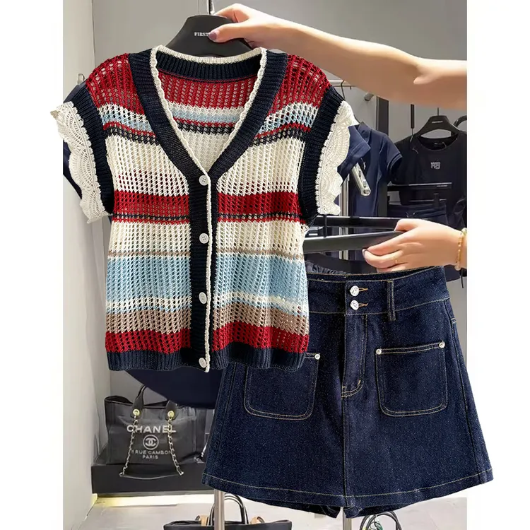 条纹拼接针织衫短裤裙两件套夏季新款设计感休闲百搭撞色显瘦套装