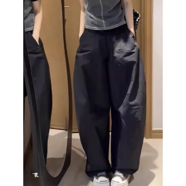 巨漂亮！黑色弧形立体裁剪弯刀裤女2025宽松慵懒风工装显瘦气球裤