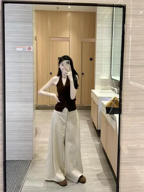 【焦糖朗姆】韩系高级感棕色挂脖吊带针织开衫减龄显瘦杏色长裤套装