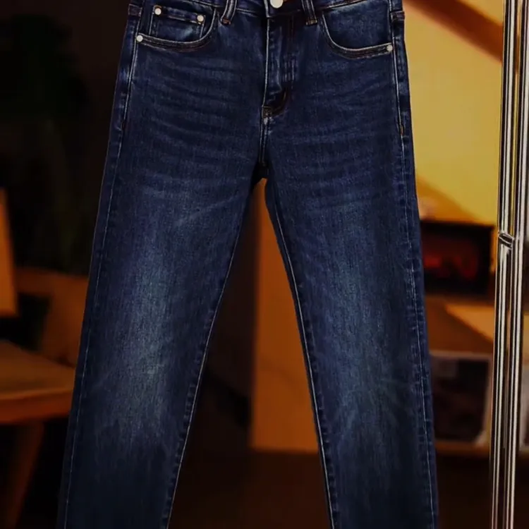 秋冬厚款男士牛仔裤高端轻奢深蓝色修身弹力百搭中腰小直筒裤