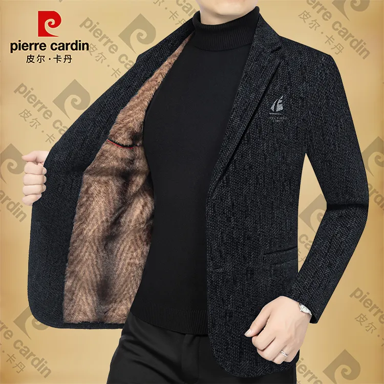 皮尔卡丹男士新款高档商务休闲加绒加厚西服秋冬季西装领外套上衣