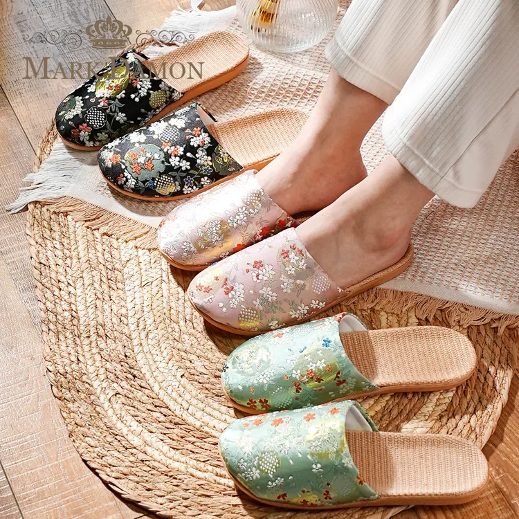新款夏季亚麻草编包头包脚趾女透气国风EVA办公室家居室内凉拖鞋