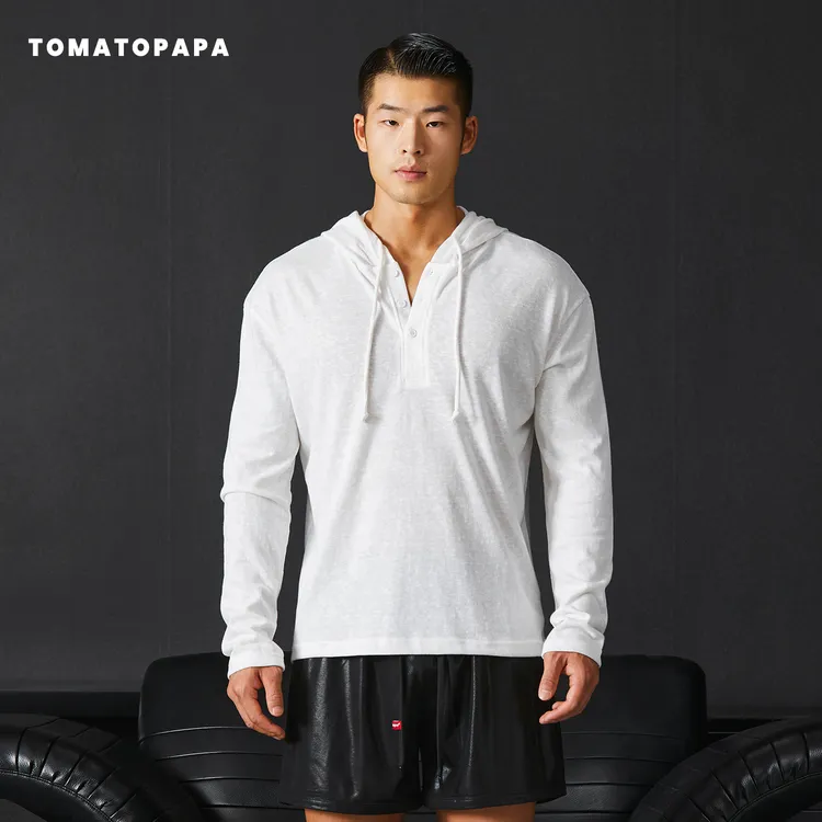 TOMATOPAPA男士长袖连帽开领2025秋冬健身T恤美式纯色打底套头衫