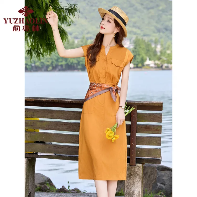 俞兆林无袖连衣裙2025夏季新款巨好看的大方得体的通勤显瘦亚麻衬