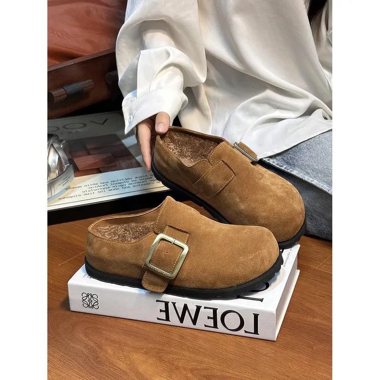 磨砂牛皮厚底包头半拖鞋女外穿复古高端百搭懒人增高毛毛拖勃肯鞋