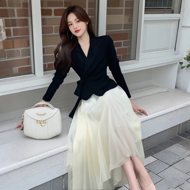 A【两件套】【有内衬】春季时尚百搭优美女神大裙摆上衣+半身裙D0481