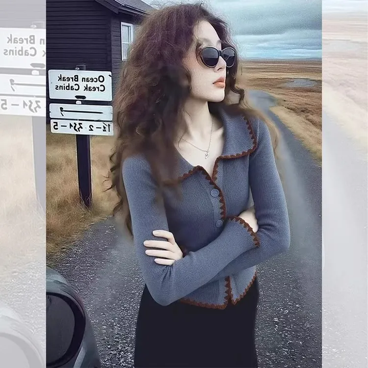 韩系气质洋气翻领长袖针织开衫女秋冬季小众百搭显瘦减龄上衣打底