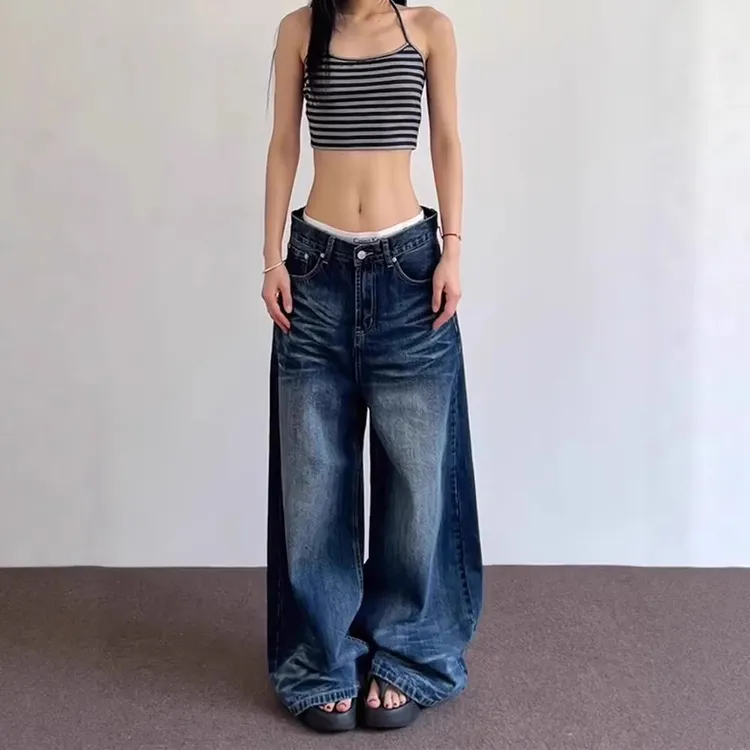 美式高街水洗蓝色阔腿牛仔裤女春秋宽松显瘦高级感百搭辣妹长裤子