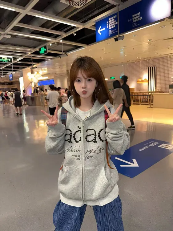 伶落旧人 复古刺绣珍珠连帽卫衣女秋冬新款宽松小众拉链开衫外套