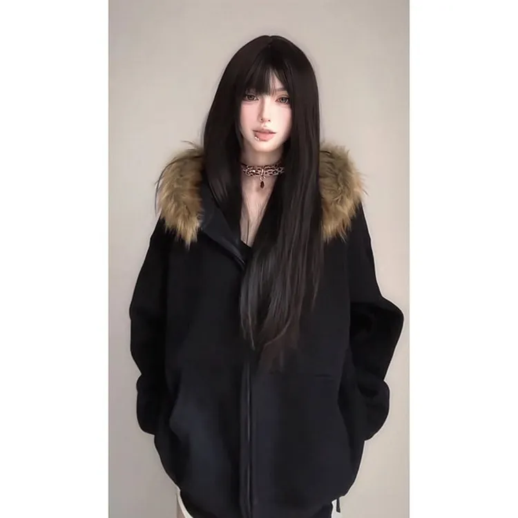 黑色大毛领连帽开衫卫衣男女冬季加厚保暖高克重磅设计感情侣外套