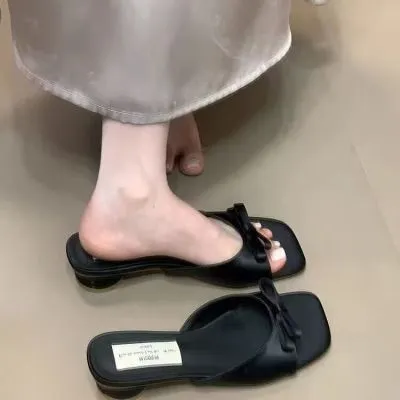 百搭露趾一字带粗跟凉鞋女2024年夏秋新款甜美风蝴蝶结粗跟凉拖鞋