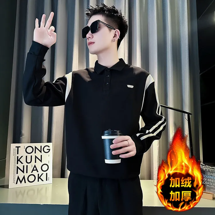 黑白拼接卫衣男秋冬款加绒加厚翻领POLO衫男装2024年新款保暖上衣
