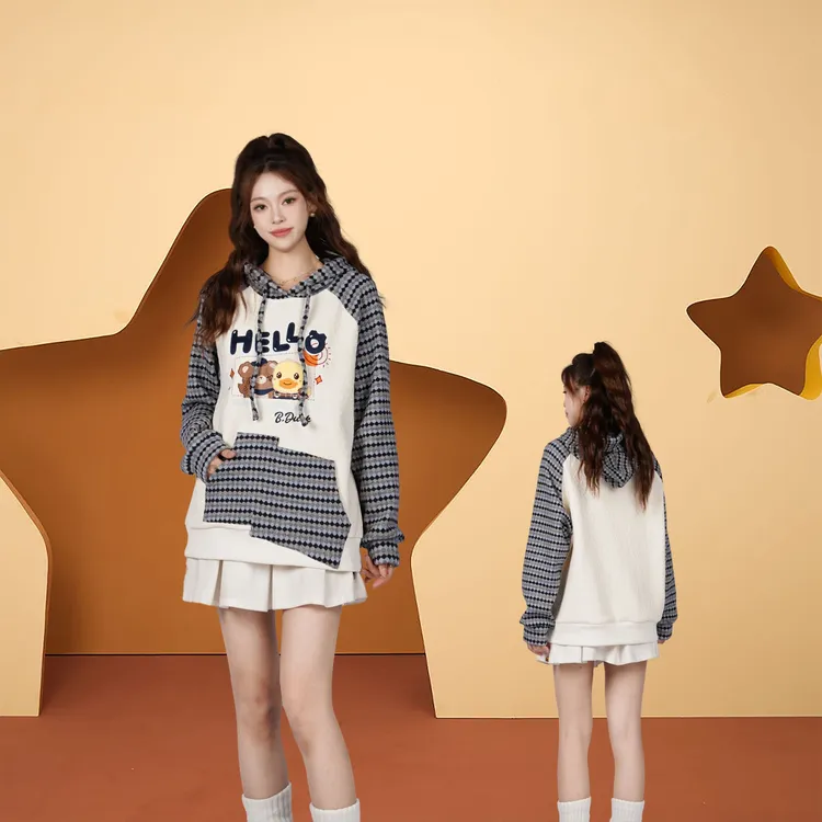 B.Duck小黄鸭连帽卫衣2025秋冬新款条纹撞色条纹肌理连帽百搭卫衣