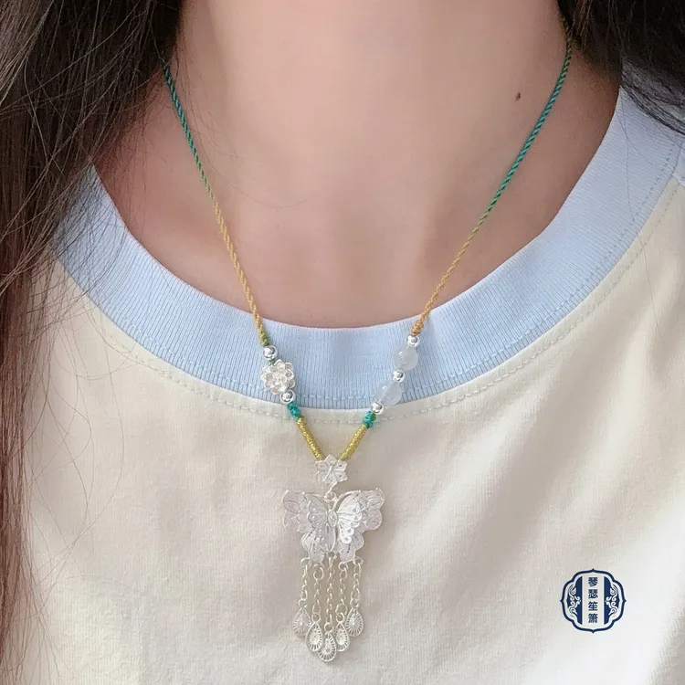 吊坠足银 吊坠足银990蝴蝶流苏编绳项链新中式风格女