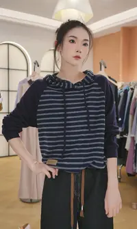 F秋季新款时尚百搭连帽卫衣女宽松显瘦长袖套头条纹拼接