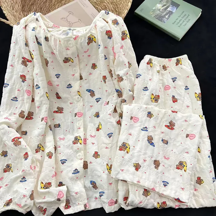 黑皮Kitty猫带胸垫睡衣女长袖春秋季卡通少女甜美长裤家居服套装