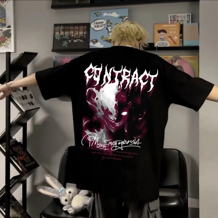 100%纯棉美式短袖T恤男士潮流嘻哈迷雾恶魔潮款宽松圆领上衣半袖i