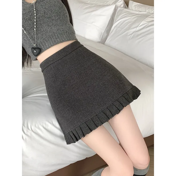 韩系花边百褶毛呢半身裙女秋冬季新款高腰显瘦A字防走光包臀短裙