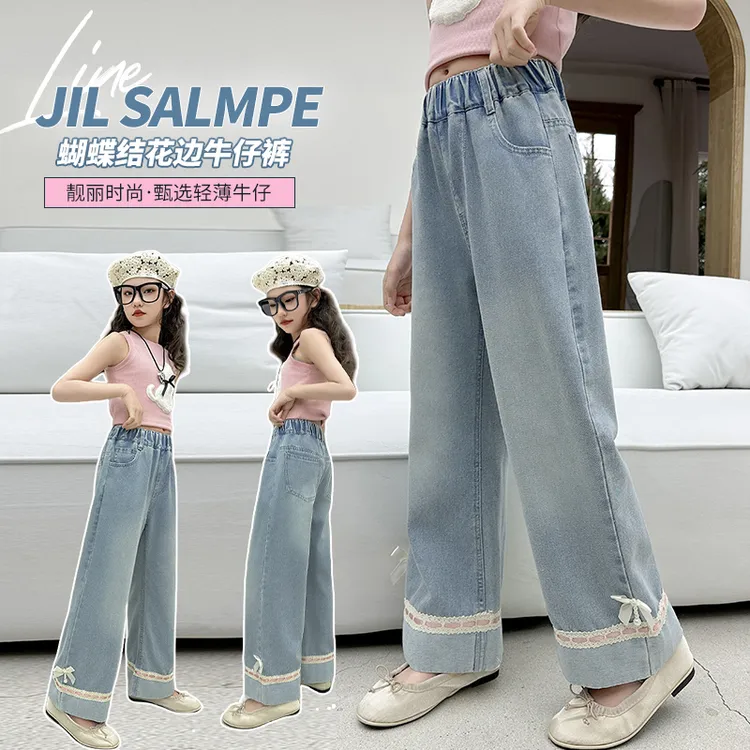 女童夏季薄款牛仔裤2025新款中大儿童夏装洋气蕾丝翻边九分阔腿裤