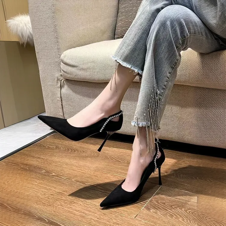 法式水钻细跟高跟鞋2025春夏季百搭黑色气质浅口尖头单鞋