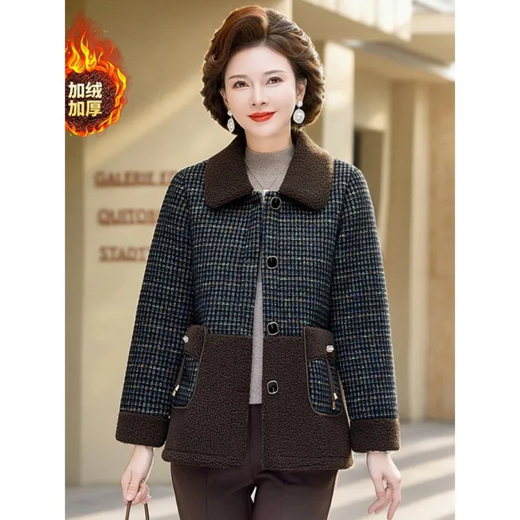 2025冬季新款妈妈装加绒加厚毛呢外套中老年翻领格子洋气保暖上衣