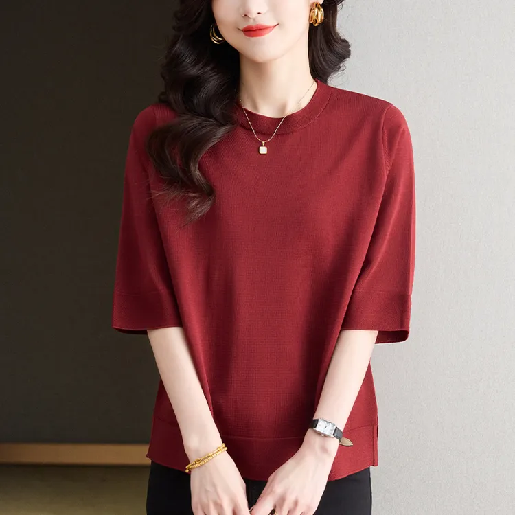 夏装大码中袖T恤女士宽松显瘦七分袖针织上衣内搭春秋纯色打底衫