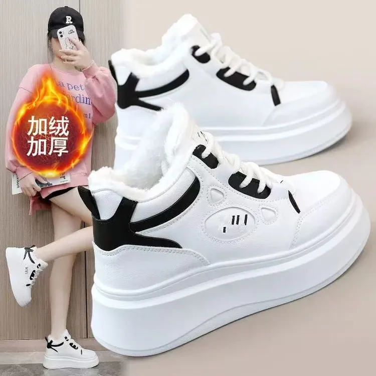2326断码女鞋时尚百搭厚底加绒加厚女板鞋保暖学生休闲鞋高帮鞋