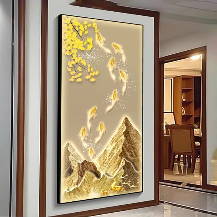 现代日照金山玄关装饰画入户进门竖版走廊简约银杏九鱼图挂画壁画
