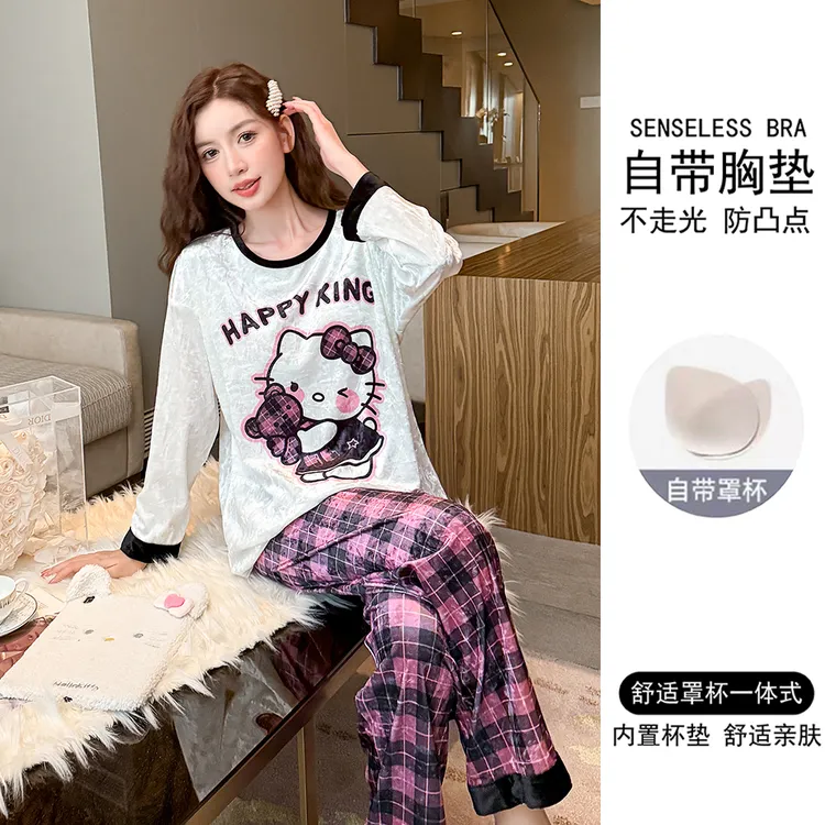 带胸垫2025年新款金丝绒睡衣女春秋季长袖可爱卡通秋冬家居服套装