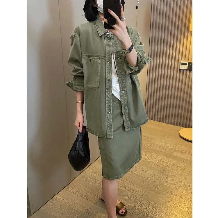 复古做旧牛仔套装女时尚高级感秋季新款时尚牛仔外套半身裙两件套