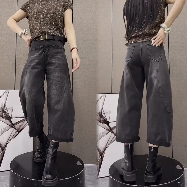 2025秋季新款蓝色水洗阔腿牛仔黑色高腰显瘦九分弯刀裤洋气老爹裤