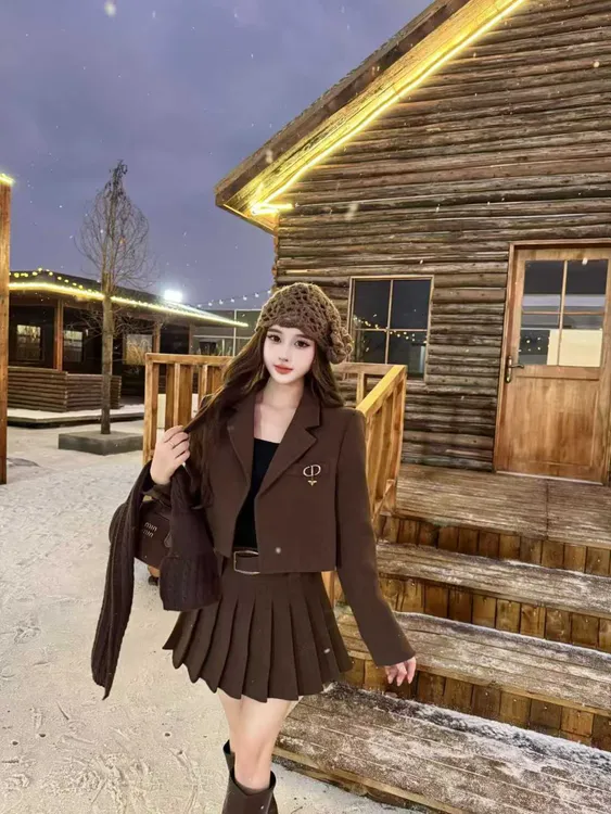 法式设计感小香风套装裙冬季夹棉毛呢西装外套百褶短裙围