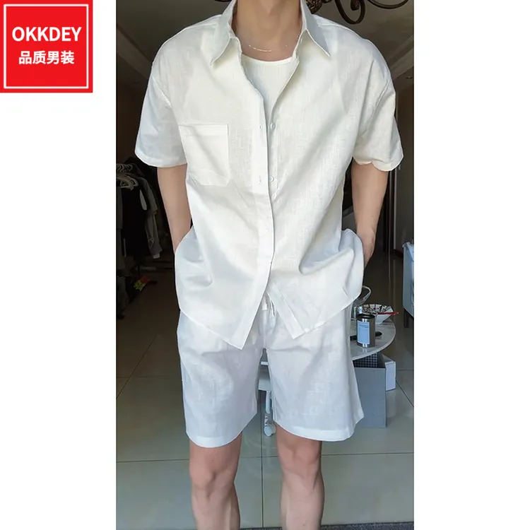 高端棉麻短袖衬衫休闲短裤慵懒风两件套夏季新款时尚男士痞帅套装