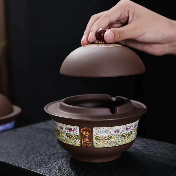 紫砂带盖防飞灰防烟味中式茶桌烟灰缸2025新款爆款简约风家用客厅