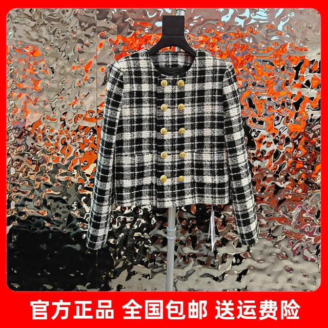2025新款装圆领黑白格粗花呢短款外套小个子长袖宽松休闲上衣女装