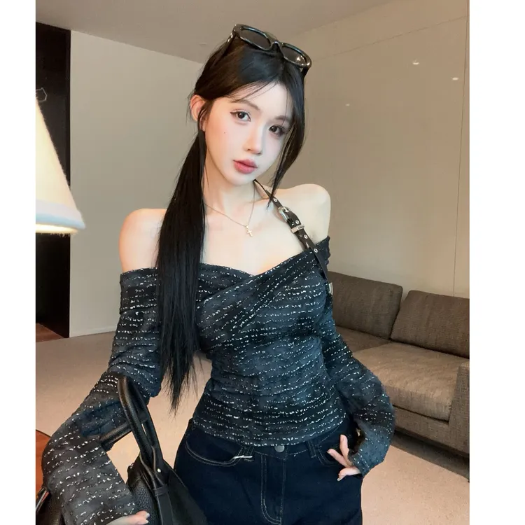 美式辣妹复古扎染皮带挂脖可调节一字肩设计感上衣女配显瘦休闲裤